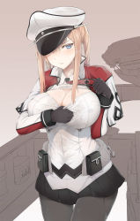 Rule 34 | 10s, 1girl, black gloves, black pantyhose, black skirt, blonde hair, blue eyes, blush, breasts, cape, cross, gloves, graf zeppelin (kancolle), hat, highres, iron cross, jacket, kantai collection, large breasts, long hair, long sleeves, military, military uniform, necktie, pantyhose, peaked cap, pleated skirt, red necktie, see-through, sidelocks, skirt, solo, twintails, uniform, urigarasu, white jacket