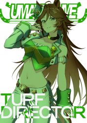 Rule 34 | 1girl, absurdres, ahoge, animal ears, arm at side, armband, breasts, brown hair, choker, cleavage, collarbone, copyright name, cowboy shot, crop top, cropped jacket, danboru (jdanboru1182), english text, green eyes, grey background, hair between eyes, hair ornament, hairclip, hand up, hat, highres, horse ears, horse girl, horse tail, jacket, light blush, long hair, looking at viewer, midriff, mini hat, mini top hat, mr. c.b. (umamusume), navel, pants, parted lips, shirt, simple background, single sleeve, single wrist cuff, small breasts, smile, solo, standing, strapless, strapless shirt, tail, top hat, umamusume, white jacket, white pants, wrist cuffs