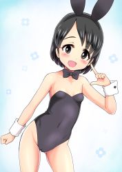 Rule 34 | 1girl, :d, animal ears, bare legs, black hair, blush, bow, bowtie, breasts, collarbone, covered navel, cuff links, fake animal ears, female focus, floral background, highres, idolmaster, idolmaster cinderella girls, leotard, looking at viewer, open mouth, playboy bunny, qm, rabbit ears, sasaki chie, small breasts, smile, solo, standing