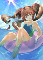 Rule 34 | 1boy, androgynous, artist request, ass, bare legs, bare shoulders, barefoot, blue sky, blush, brown hair, cup, drinking glass, floating hair, green one-piece swimsuit, highres, long hair, long twintails, looking at viewer, ocean, one-piece swimsuit, open mouth, pink eyes, skindentation, sky, smile, solo, sunlight, swimsuit, taimanin (series), taimanin asagi, taimanin rpgx, toes, trap, twintails, uehara shikanosuke, very long hair, water
