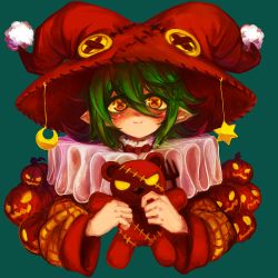 Rule 34 | + +, androgynous, colored sclera, crescent moon, fork, frills, gender request, green hair, hair between eyes, halloween, hat, highres, ascot, jack-o&#039;-lantern, kumauwo, looking at viewer, moon, orange eyes, original, pointy ears, portrait, pumpkin, smile, solo, star (symbol), stitched, stitches, stuffed animal, stuffed toy, teddy bear, third-party edit, upper body, wide sleeves, yellow sclera