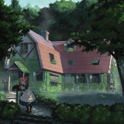 Rule 34 | 1girl, apron, bad id, bad pixiv id, brown hair, dappled sunlight, day, house, maid, maid apron, mailbox, outdoors, plant, rounin (amuza), smile, standing, sunlight, tree