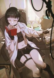 Rule 34 | absurdres, ahoge, black socks, blunt bangs, blurry, depth of field, drawing, highres, jin rou, kneehighs, reading, socks, solo, tagme, thigh strap