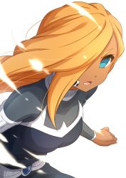 Rule 34 | 1girl, absurdres, blonde hair, blue eyes, bodysuit, dark skin, dark-skinned female, grey bodysuit, hair over one eye, highres, inazuma eleven (series), leaning forward, long hair, looking at viewer, microphone, one eye covered, open mouth, reiza, sekina, simple background, solo, standing, white background