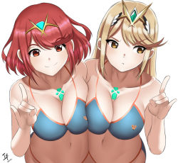 Rule 34 | 2girls, alternate costume, arcedo, asymmetrical docking, bikini, blonde hair, blue bikini, breast press, breasts, chest jewel, cleavage, closed mouth, collarbone, cosplay, fate (series), fox shadow puppet, from above, gem, headpiece, highres, large breasts, long hair, looking at viewer, looking away, multiple girls, mythra (xenoblade), navel, pout, pyra (xenoblade), red eyes, red hair, short hair, side-by-side, sidelocks, signature, simple background, smile, swept bangs, swimsuit, tamamo (fate), tamamo no mae (swimsuit lancer) (fate), tamamo no mae (swimsuit lancer) (fate) (cosplay), tiara, xenoblade chronicles (series), xenoblade chronicles 2, yellow eyes