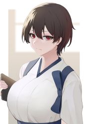 Rule 34 | 1girl, alternate hair length, alternate hairstyle, blue hakama, breasts, brown hair, closed mouth, commentary request, hakama, highres, holding, huge breasts, japanese clothes, kaga (kancolle), kantai collection, looking at viewer, red eyes, short hair, simple background, solo, takaman (gaffe), tasuki, upper body