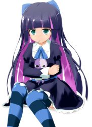 Rule 34 | 10s, 1girl, colored inner hair, green eyes, long hair, multicolored hair, naka (cheeseyeast), panty &amp; stocking with garterbelt, purple hair, simple background, sitting, skirt, solo, stocking (psg), striped clothes, striped thighhighs, thighhighs, two-tone hair, very long hair, white background