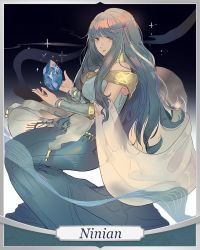 Rule 34 | 1girl, blue hair, character name, dress, fire emblem, fire emblem: the blazing blade, from side, gem, long hair, looking at viewer, ninian, nintendo, ormille, red eyes, solo