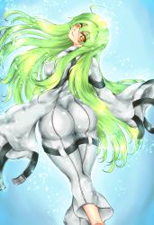 Rule 34 | 1girl, ass, blush, bodysuit, breasts, c.c., code geass, from behind, geng, green hair, highres, huge ass, large breasts, long hair, looking at viewer, looking back, parted lips, shiny clothes, sideboob, skin tight, smile, solo, straitjacket, very long hair, yellow eyes
