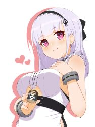 Rule 34 | 1girl, apron, azur lane, bare shoulders, between breasts, black hairband, black ribbon, blunt bangs, blush, bracelet, breasts, can, canned coffee, cap105, center frills, choker, clothing cutout, colored shadow, commentary request, dido (azur lane), dress, drink can, drop shadow, earrings, frills, hair ribbon, hairband, hand on own chest, heart, highres, holding, holding can, implied paizuri, jewelry, lace-trimmed hairband, lace trim, large breasts, long hair, looking at viewer, maid, maid apron, purple eyes, ribbon, shadow, sidelocks, silver hair, simple background, sleeveless, sleeveless dress, smile, solo, standing, underboob, underboob cutout, upper body, waist apron, white apron, white background
