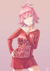 Rule 34 | 1girl, clothes writing, collarbone, grey background, hand on own chin, hand on own hip, highres, long sleeves, looking at viewer, md5 mismatch, my phone, naked shirt, original, pink eyes, pink hair, re lucy, shirt, short hair, signature, simple background, smirk, solo