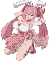 Rule 34 | 1girl, animal ears, arms up, breasts, cleavage, di gi charat, dice hair ornament, dress, fake animal ears, fang, hair ornament, highres, large breasts, open mouth, panty straps, pink hair, rabbit ears, red eyes, simple background, skirt, solo, sumiyao (amam), thighs, twintails, usada hikaru, white background