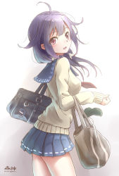 Rule 34 | 10s, 1girl, ahoge, alternate costume, artist name, bag, blue skirt, blush, cardigan, cowboy shot, hair flaps, kantai collection, looking at viewer, low twintails, morigami (morigami no yashiro), neckerchief, open mouth, pleated skirt, purple hair, red eyes, sailor collar, school bag, school uniform, serafuku, skirt, solo, taigei (kancolle), twintails, twitter username