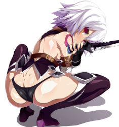 Rule 34 | 1girl, ass, bandages, bare shoulders, belt, black panties, blush, boots, butt crack, dagger, dimples of venus, fate/apocrypha, fate/grand order, fate (series), fingerless gloves, from behind, full body, gloves, high heels, highres, holding, holding knife, holding weapon, jack the ripper (fate/apocrypha), knife, looking at viewer, looking back, panties, red eyes, scar, shadow, shimejinameko, shiny skin, short hair, simple background, skindentation, solo, squatting, tattoo, thighhighs, underwear, weapon, white background, white hair