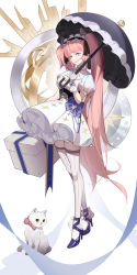 Rule 34 | 1girl, blue eyes, blue footwear, box, cat, closed mouth, dress, full body, gloves, hair ribbon, high heels, highres, holding, holding umbrella, j fang, lips, long hair, looking at viewer, maid headdress, original, pink hair, ribbon, simple background, smile, solo, standing, striped clothes, striped thighhighs, tachi-e, thighhighs, twintails, umbrella, very long hair, white cat, white dress, white gloves