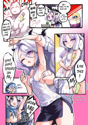 Rule 34 | ..., 1boy, 2girls, ahoge, ako (blue archive), armpits, doodle sensei (blue archive), black skirt, blue archive, blush, comic, commentary, demon girl, demon horns, demon wings, english commentary, english text, female pervert, food, forehead, fruit, hair between eyes, hairband, halo, highres, hina (blue archive), hm (hmongt), horns, licking, lime (fruit), long hair, long sleeves, multiple girls, parted bangs, parted lips, pencil skirt, pervert, ponytail, presenting armpit, pressing, purple eyes, sensei (blue archive), shirt, side slit, sidelocks, skirt, sleeveless, sleeveless shirt, white hair, white shirt, wings