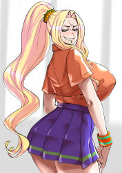 Rule 34 | 1girl, absurdres, alternate costume, blonde hair, breasts, chin piercing, closed mouth, collared shirt, commentary request, contemporary, fate/grand order, fate (series), from behind, green eyes, grin, hair tie, high ponytail, highres, huge breasts, long hair, looking at viewer, looking back, miniskirt, orange shirt, pleated skirt, ponytail, purple skirt, quetzalcoatl (fate), school uniform, sharp teeth, shirt, short sleeves, sidelocks, skirt, smile, solo, sweatband, teeth, thighs, uc (91776165), uniform, very long hair, wristband