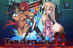 Rule 34 | 1boy, 2girls, armor, asa (teng zi), blonde hair, blue eyes, breasts, chain, circlet, claws, collar, cuffs, dark skin, detached sleeves, dinosaur, earrings, fantasy, fingernails, fire, gigantic breasts, green eyes, holding, holding sword, holding weapon, huge breasts, injury, jewelry, long fingernails, long hair, luda (tail of desire), magic, multiple girls, nail polish, navel, over shoulder, pasties, pointy ears, ponytail, red hair, renia (tail of desire), scratches, shackles, smile, spiked collar, spiked tail, spikes, sword, sword over shoulder, tail, tail of desire 0, thighhighs, very long hair, weapon, weapon over shoulder, white legwear, white sleeves