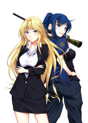 Rule 34 | 10s, 2girls, belt, blonde hair, blue eyes, blue hair, breasts, collarbone, crossed arms, formal, grisaia (series), grisaia no kajitsu, grisaia no meikyuu, gun, hand on own hip, harudera yuria, holding, holding gun, holding weapon, jewelry, kusakabe asako, long hair, looking at viewer, looking back, mole, mole under eye, multiple girls, necklace, pants, parted lips, ponytail, ribbon, simple background, skirt, skirt suit, smile, standing, suit, tsugaru (co-walker), weapon, white background