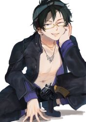 Rule 34 | 1boy, black hair, glasses, gnosia, goggles, green hair, gun, highres, jacket, jewelry, koyuuuuuuuuuuu, long sleeves, looking at viewer, male focus, navel, necklace, sha-ming, shirt, short hair, smile, solo, upper body, weapon, zipper