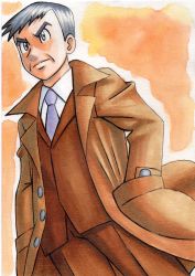 Rule 34 | 1boy, brown coat, brown jacket, brown pants, buttons, closed mouth, coat, collared coat, collared shirt, commentary request, creatures (company), from below, frown, game freak, grey eyes, grey hair, grey necktie, hands in pockets, highres, jacket, looker (pokemon), male focus, necktie, nintendo, oka mochi, open clothes, open coat, orange background, pants, pokemon, pokemon dppt, shirt, short hair, solo, traditional media, white shirt