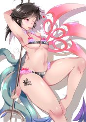 Rule 34 | 1girl, ;p, ahoge, arched back, arm behind back, arm behind head, arm up, armpits, asymmetrical wings, bare arms, bare legs, bare shoulders, barefoot, bikini, black hair, black sclera, blush, bow, breasts, closed mouth, collarbone, colored sclera, cowboy shot, frilled bikini, frills, from side, half-closed eye, heart, highres, holding, holding weapon, houjuu nue, knee up, long hair, looking at viewer, medium breasts, navel, one eye closed, polearm, red eyes, shiny skin, sidelocks, sideways glance, smile, solo, stomach, striped bikini, striped clothes, swimsuit, tannkobuiwa, tongue, tongue out, touhou, trident, underboob, weapon, wings