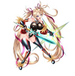 Rule 34 | 1girl, absurdres, ass, bare shoulders, black leotard, blonde hair, blue eyes, boots, bradamante (fate), braid, breasts, cameltoe, cleft of venus, cosplay, curvy, elbow gloves, fate/grand order, fate (series), fingerless gloves, full body, gloves, gluteal fold, hair between eyes, hair ribbon, highleg, highleg leotard, highres, holding, holding weapon, large breasts, leotard, long hair, long twintails, looking at viewer, masachuusa, mizuki yukikaze (cosplay), nipples, open mouth, polearm, ribbon, shiny clothes, shiny skin, simple background, solo, taimanin (series), taimanin suit, taimanin yukikaze, thigh boots, thighs, thong leotard, twintails, very long hair, weapon, white background, wide hips