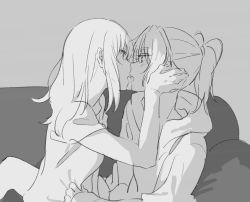 Rule 34 | 2girls, bad id, bad twitter id, clothes grab, commentary request, couch, french kiss, from side, greyscale, hand on another&#039;s cheek, hand on another&#039;s face, hibike! euphonium, highres, hood, hoodie, kiss, kiss day, long hair, looking at another, monochrome, multiple girls, musshu (omu001), nakagawa natsuki, open mouth, ponytail, sketch, yoshikawa yuuko, yuri