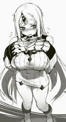 Rule 34 | 1girl, :s, abyssal ship, akitaka takaaki, areola slip, blush, breasts, claws, covered erect nipples, dithering, flying sweatdrops, from above, heart, highres, horns, kantai collection, kneehighs, large breasts, long hair, looking to the side, monochrome, pregnancy test, ribbed sweater, seaport princess, shiny skin, single horn, socks, solo, sweater, very long hair, white background