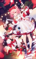 Rule 34 | beryl (blueberylpie), bow, christmas, christmas ornaments, christmas tree, gift, hair bow, highres, indie utaite, nqrse, official art, pink eyes, pink hair, second-party source, smile, snowing, snowman