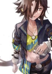 Rule 34 | 1girl, absurdres, belt, belt buckle, black jacket, black shorts, brown hair, buckle, hair over one eye, highres, holding, horse girl, horse tail, jacket, long hair, navel, open mouth, ponytail, shirt, shorts, simple background, solo, stopwatch, stopwatch around neck, tail, umamusume, umiwashi, vodka (umamusume), watch, white background, yellow eyes, yellow shirt