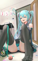 Rule 34 | 1girl, 999 ducati, ?, ??, absurdres, aqua eyes, aqua hair, confetti, confused, fallen down, hatsune miku, highres, indoors, long hair, matching hair/eyes, on floor, open mouth, panties, pantyshot, solo, striped clothes, striped panties, thighhighs, twintails, underwear, upskirt, vocaloid