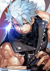 Rule 34 | 1boy, arc system works, arm blade, black gloves, black jacket, chipp zanuff, closed mouth, earrings, fingerless gloves, glint, gloves, guilty gear, hungry clicker, jacket, jewelry, looking at viewer, male focus, manly, muscular, pants, red eyes, silver hair, simple background, solo, vest, weapon, white pants