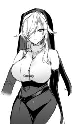 Rule 34 | 1girl, bare shoulders, breasts, covered collarbone, cross, cross necklace, elbow gloves, gloves, greyscale, habit, hair over one eye, high-waist skirt, jewelry, large breasts, long hair, monochrome, necklace, nun, original, puuzaki puuna, side slit, sketch, skirt, solo, thick eyelashes