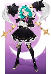 Rule 34 | 1girl, blush, boots, bright pupils, brooch, crescent moon, eyepatch, frilled skirt, frills, full body, gloves, green hair, highres, hood, jewelry, luxey san, moon, original, purple background, purple hair, red eyes, skirt, solo, sparkle, standing, thigh boots, tsuki ni kawatte oshioki yo, white pupils