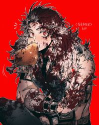 Rule 34 | 1girl, abs, blood, blush, breasts, dorohedoro, earrings, food, formal, gloves, highres, jewelry, long hair, looking at viewer, meat, muscular, muscular female, noi (dorohedoro), red background, red eyes, simple background, smile, solo, sp owo, white hair
