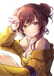 Rule 34 | 1girl, absurdres, asktyuni, bare shoulders, blush, breasts, brown hair, camisole, cleavage, closed mouth, collarbone, double bun, earrings, hair bun, highres, idolmaster, idolmaster shiny colors, jewelry, long hair, long sleeves, looking at viewer, medium breasts, necklace, off-shoulder sweater, off shoulder, osaki amana, purple armband, purple nails, simple background, smile, solo, sweater, swept bangs, white background, white camisole, yellow eyes, yellow sweater