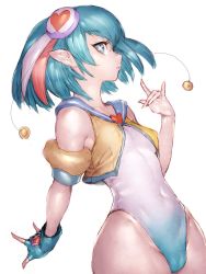Rule 34 | 1girl, bare shoulders, blue eyes, blue gloves, blue hair, cameltoe, commentary request, covered navel, fingerless gloves, fumio (rsqkr), gloves, hagoromo lala, highres, hip focus, leotard, looking at viewer, multicolored hair, pink hair, pointy ears, precure, red hair, school uniform, serafuku, short hair, simple background, solo, star-shaped pupils, star (symbol), star twinkle precure, symbol-shaped pupils, white background