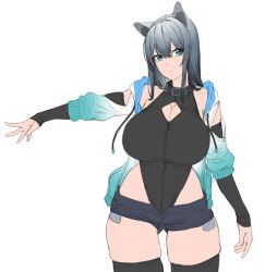 Rule 34 | 1girl, animal ears, aqua eyes, aqua hoodie, black collar, black legwear, black leotard, black sleeves, blue shorts, breasts, cleavage, cleavage cutout, closed mouth, clothing cutout, collar, covered erect nipples, detached sleeves, exposed pocket, gradient clothes, grey hair, hair between eyes, highleg, highleg leotard, hood, hoodie, large breasts, leotard, long hair, looking at viewer, open clothes, original, outstretched hand, short shorts, shorts, shoulder cutout, sidelocks, simple background, skindentation, thighs, unfinished, white hoodie, xiangzi box