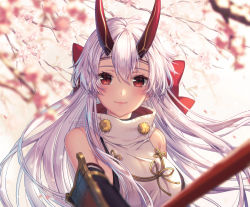 Rule 34 | 1girl, arm guards, armor, artist name, bare shoulders, blurry, blush, bow, breasts, cherry blossoms, closed mouth, depth of field, detached sleeves, fate/grand order, fate (series), hair bow, hair ribbon, headband, horns, large breasts, lips, long hair, looking at viewer, oni horns, red bow, red eyes, ribbon, rosuuri, sideboob, sleeveless, sleeveless turtleneck, smile, solo, sword, tomoe gozen (fate), tree, turtleneck, upper body, weapon, white hair