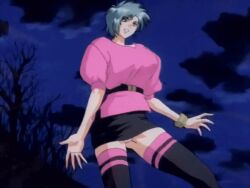 1990 1990s_(style) 1996 1girl amano_megumi_(urotsukidouji) animated animated_gif belt black_thighhighs blue_eyes bracelet female_focus green_hair jewelry lowres miniskirt nipples retro_artstyle short_hair skirt sleeves_pushed_up solo sweater tagme thighhighs urotsukidouji zettai_ryouiki