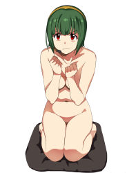 Rule 34 | 1girl, a1 (initial-g), absurdres, bob cut, breasts, cleavage, clenched hand, collarbone, cushion, green hair, groin, headset, highres, idolmaster, idolmaster (classic), kneeling, legs, mole, navel, nude, otonashi kotori, red eyes, seiza, short hair, simple background, sitting, solo, thighs, white background, zabuton