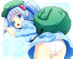 Rule 34 | 1girl, ass, back, backpack, bag, blue dress, blue eyes, blue hair, blue skirt, blush, cabbie hat, dress, from behind, hair bobbles, hair ornament, hat, highres, kawashiro nitori, leaning forward, looking at viewer, looking back, matching hair/eyes, mofupaka, mofupaka (mjyona), open mouth, panties, pantyshot, short hair, short twintails, skirt, solo, standing, touhou, twintails, two side up, underwear, white panties