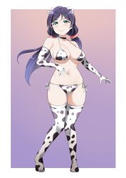Rule 34 | 1girl, animal ears, animal print, bikini, black choker, border, breasts, choker, cleavage, closed mouth, collarbone, commission, cow ears, cow horns, cow print, cow print bikini, cow print thighhighs, elbow gloves, full body, gloves, gluteal fold, green eyes, highres, horns, large breasts, limelam06, love live!, love live! school idol project, low twintails, navel, print bikini, print gloves, print thighhighs, purple hair, skindentation, smile, solo, stomach, swimsuit, thighhighs, tojo nozomi, twintails, v-shaped eyebrows, white border