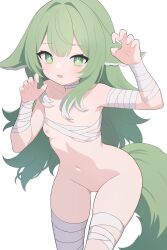 Rule 34 | 1girl, absurdres, animal ears, arm wrap, bags under eyes, bandaged neck, bandages, bare shoulders, blush, breast slip, breasts, chinese commentary, collarbone, contrapposto, fox ears, fox tail, green eyes, green hair, highres, honkai: star rail, honkai (series), huohuo (honkai: star rail), leg wrap, long hair, looking at viewer, navel, nipples, open mouth, paw pose, skindentation, small breasts, solo, sweatdrop, tail, thighs, yiheyulei