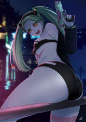 Rule 34 | 1girl, armpit crease, armpit lips, artificial eye, ass, bra, breasts, colored sclera, colored skin, cyberpunk (series), cyberpunk edgerunners, cyborg, green hair, gun, highres, holding, holding gun, holding weapon, jacket, leg tattoo, long hair, looking at viewer, mechanical eye, neck tattoo, petite, rebecca (cyberpunk), red eyes, red sclera, signature, small breasts, smile, solo, tattoo, thighs, tongue, tongue out, twintails, underwear, weapon, white skin, xter