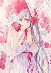 Rule 34 | 1girl, arm ribbon, bonnet, chin strap, dress, eating, flower, food, frills, fruit, gambe, grey hair, hair flower, hair ornament, hat, hat flower, highres, holding, holding food, holding fruit, juice, lace, lace-trimmed dress, lace-trimmed ribbon, lace trim, long hair, looking at viewer, nail polish, open mouth, original, pomegranate, red eyes, red flower, red nails, red ribbon, ribbon, solo, symbolism, upper body, very long hair, white dress, white ribbon, yonic symbol