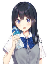 Rule 34 | 1girl, :d, black hair, blue bow, blush, bottle, bow, breasts, collared shirt, commentary request, diagonal stripes, dress shirt, fingernails, hair between eyes, hand up, head tilt, holding, holding bottle, long hair, looking at viewer, open mouth, original, purple eyes, rimo, school uniform, shirt, short sleeves, simple background, small breasts, smile, solo, striped, sweater vest, water bottle, white background, white shirt