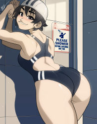 Rule 34 | 1girl, alternate costume, ass, ass focus, bare shoulders, black eyes, black hair, blush, breasts, capcom, competition swimsuit, curvy, exmile, from behind, hat, highres, huge ass, kasugano sakura, large breasts, looking at viewer, looking back, naughty face, one-piece swimsuit, shiny clothes, shiny skin, short hair, shower cap, sideboob, smile, solo, street fighter, swimsuit