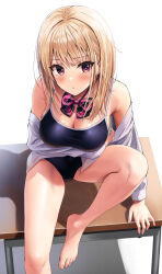 Rule 34 | 1girl, armpit crease, bare legs, barefoot, blonde hair, blush, bow, bowtie, breast hold, breasts, cleavage, competition school swimsuit, desk, feet, foot out of frame, gyaru, highres, knee up, kogal, large breasts, legs, long hair, looking at viewer, mole, on desk, original, red eyes, school desk, school swimsuit, school uniform, shirt, sitting, on desk, solo, striped bow, striped bowtie, striped clothes, swimsuit, swimsuit under clothes, toenails, toes, yukemuriganmo